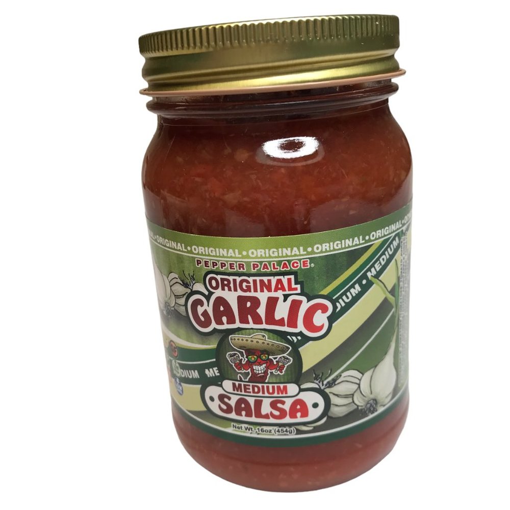 New Sealed Gourmet Pepper Palace Original Garlic Salsa, Medium 16 Oz.